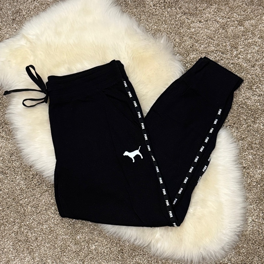 PINK Victoria’s Secret Women’s Black Logo Drawstring Jogger Sweatpants Size M